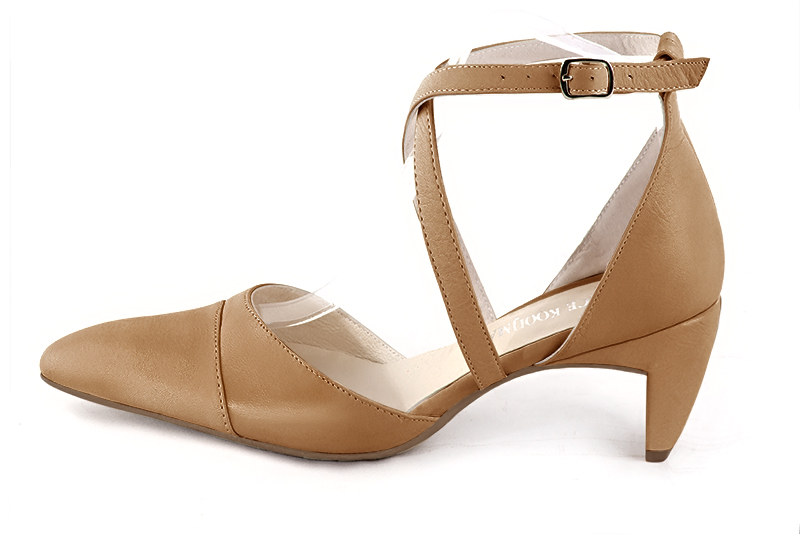 Camel beige women's open side shoes, with crossed straps. Tapered toe. Medium comma heels. Profile view - Florence KOOIJMAN